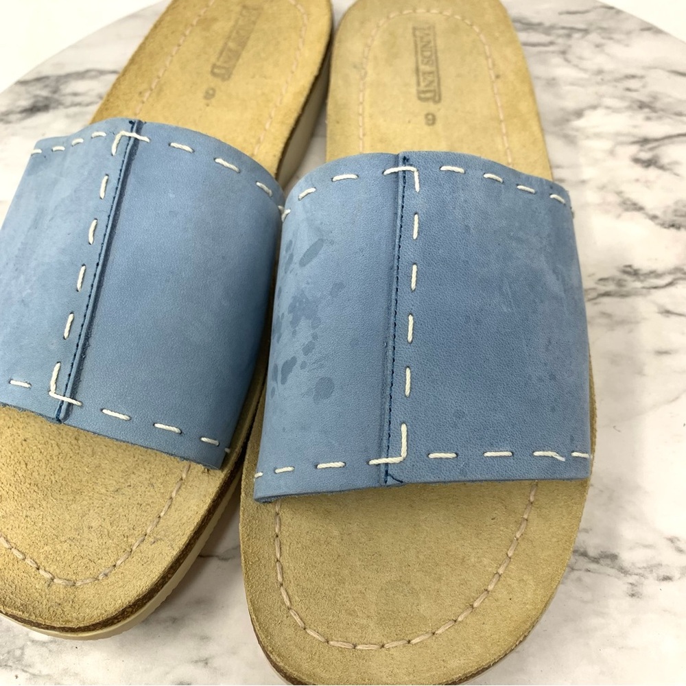 Lands' End Open Toe Top Stitch Blue Leather Slide Sandals 9 Casual Sporty Preppy - Picture 9 of 11